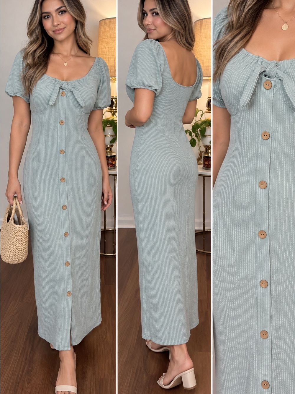 No Boundaries Sage Green Button-Front Maxi Dress with Puff Sleeves Size Medium
